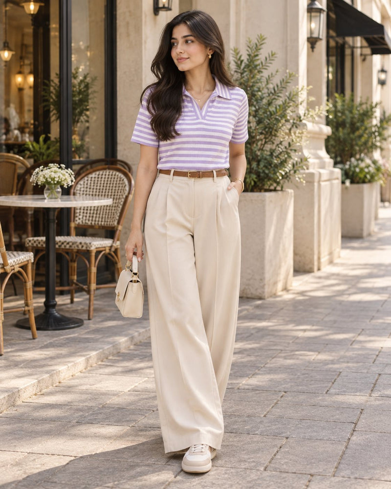 Woman in a lilac striped polo shirt with cream wide leg trousers