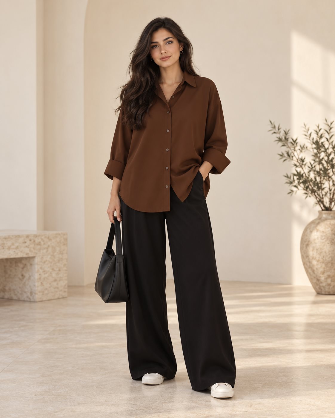 brown-button-down-with-black-flapper-trouser-front