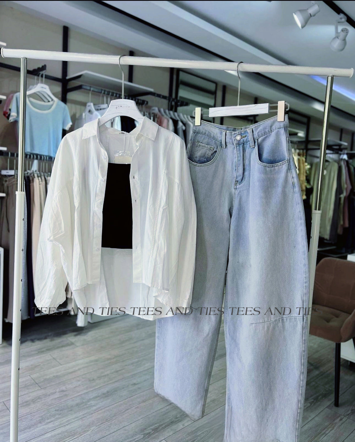White button down with black inner camisole and mom fit jeans by TeesnTies, view 1 of 1