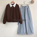 Collar sweatshirt sky wide leg jeans by TeesnTies, view 1 of 5