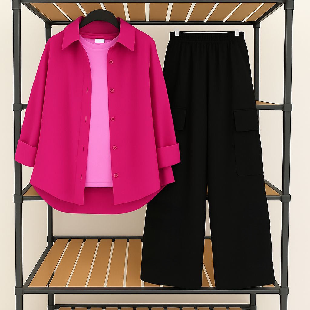 shocking-pink-button-down-with-baby-pink-inner-shirt-and-black-cargo-trouser-front