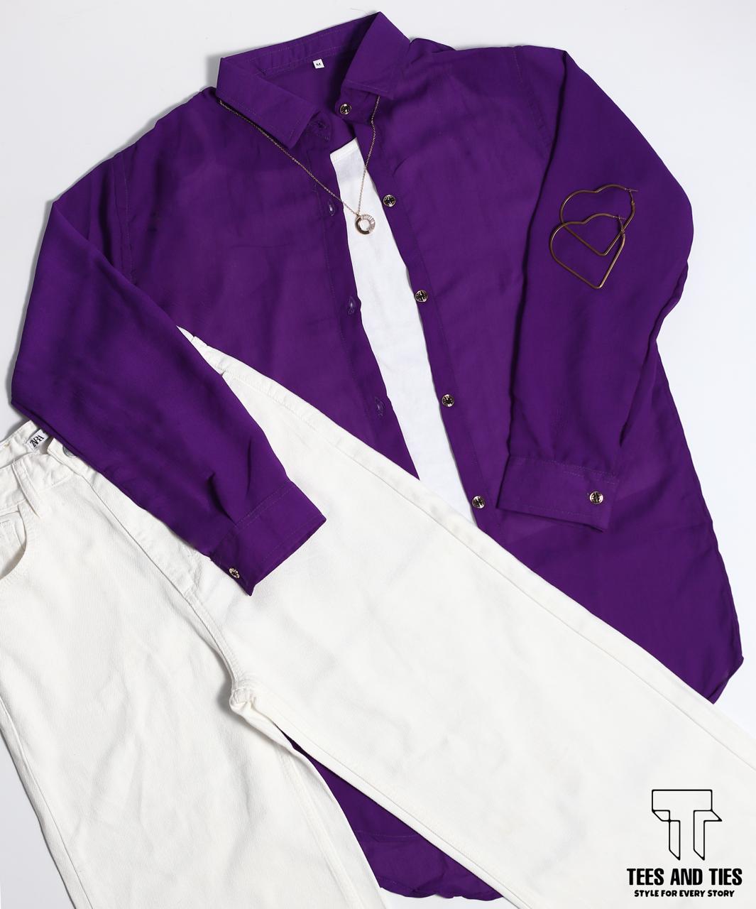 Button down with white inner camisole and white wide leg jeans by TeesnTies, view 2 of 10