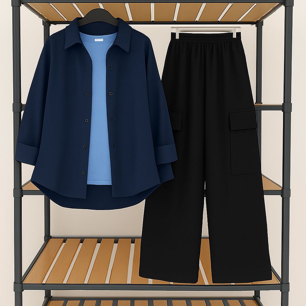 navy-button-down-with-sky-blue-inner-shirt-and-black-cargo-trouser-front