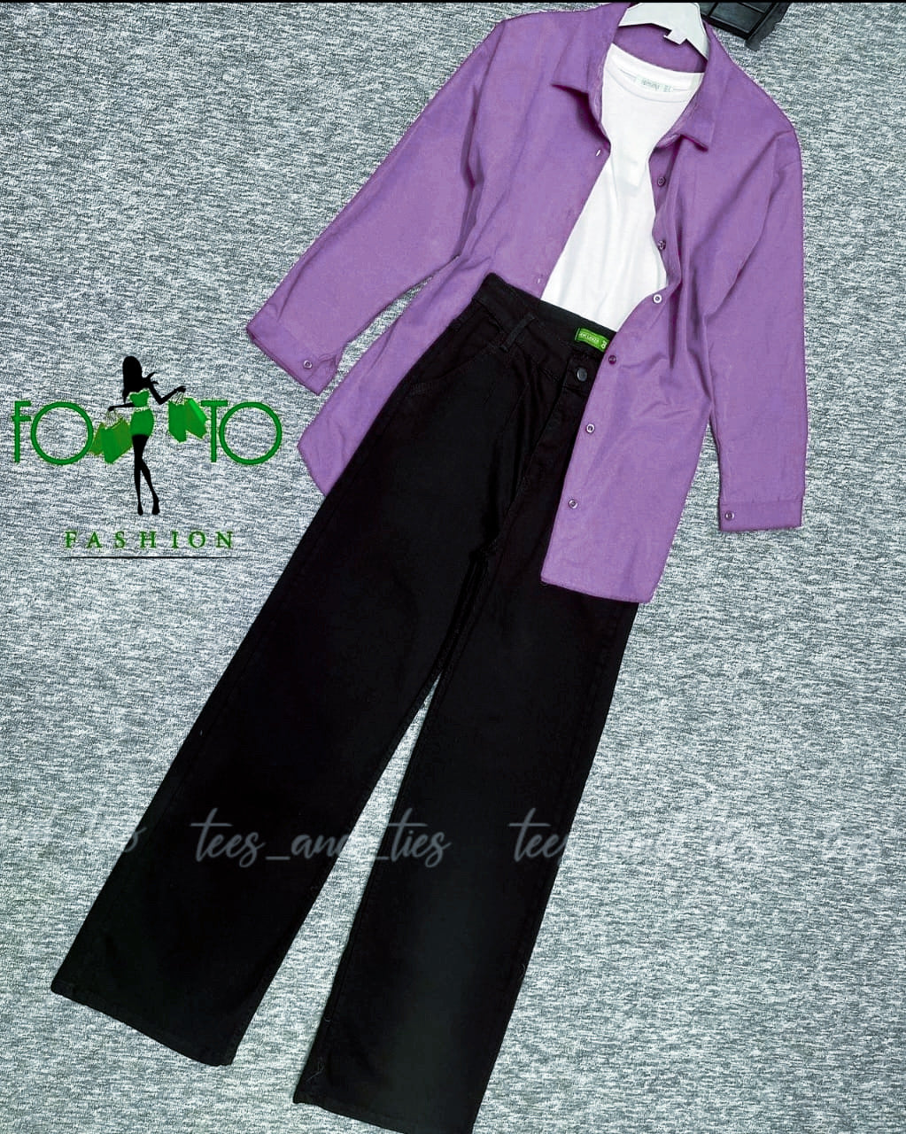 Lilac button down with white inner camisole and black wide leg jeans by TeesnTies, view 1 of 1