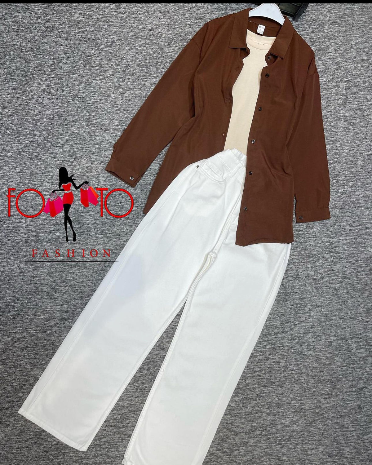 Brown button down with skin inner camisole and white wide leg jeans by TeesnTies, view 1 of 1