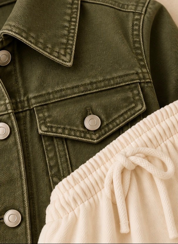 Olive denim jacket with skin flapper by TeesnTies, view 4 of 4