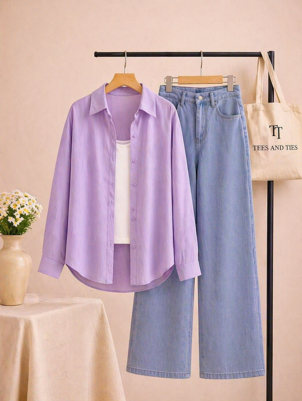 Lilac button down with sky wide leg jeans and inner camisole by TeesnTies, view 1 of 2