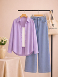 Lilac button down with sky wide leg jeans and inner camisole by TeesnTies, view 1 of 2
