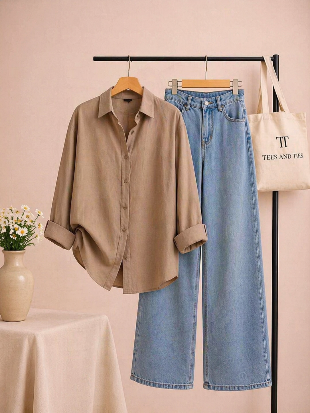 Skin button down with sky blue wide leg jeans by TeesnTies, view 1 of 1
