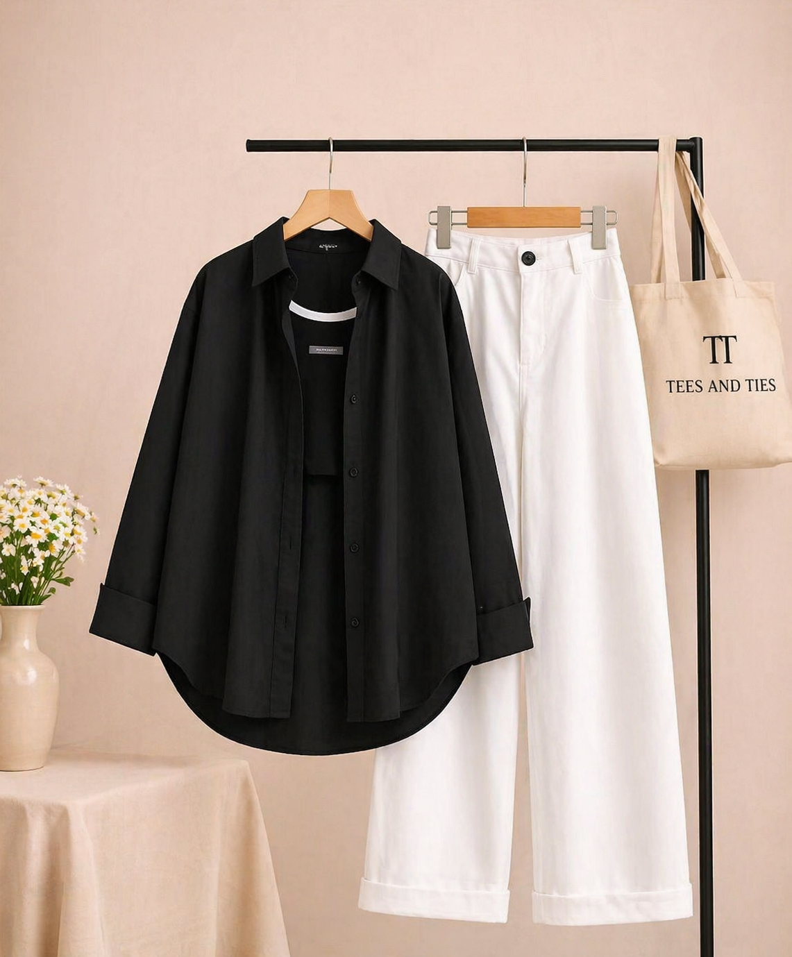 Black button down with white jeans by TeesnTies, view 1 of 1