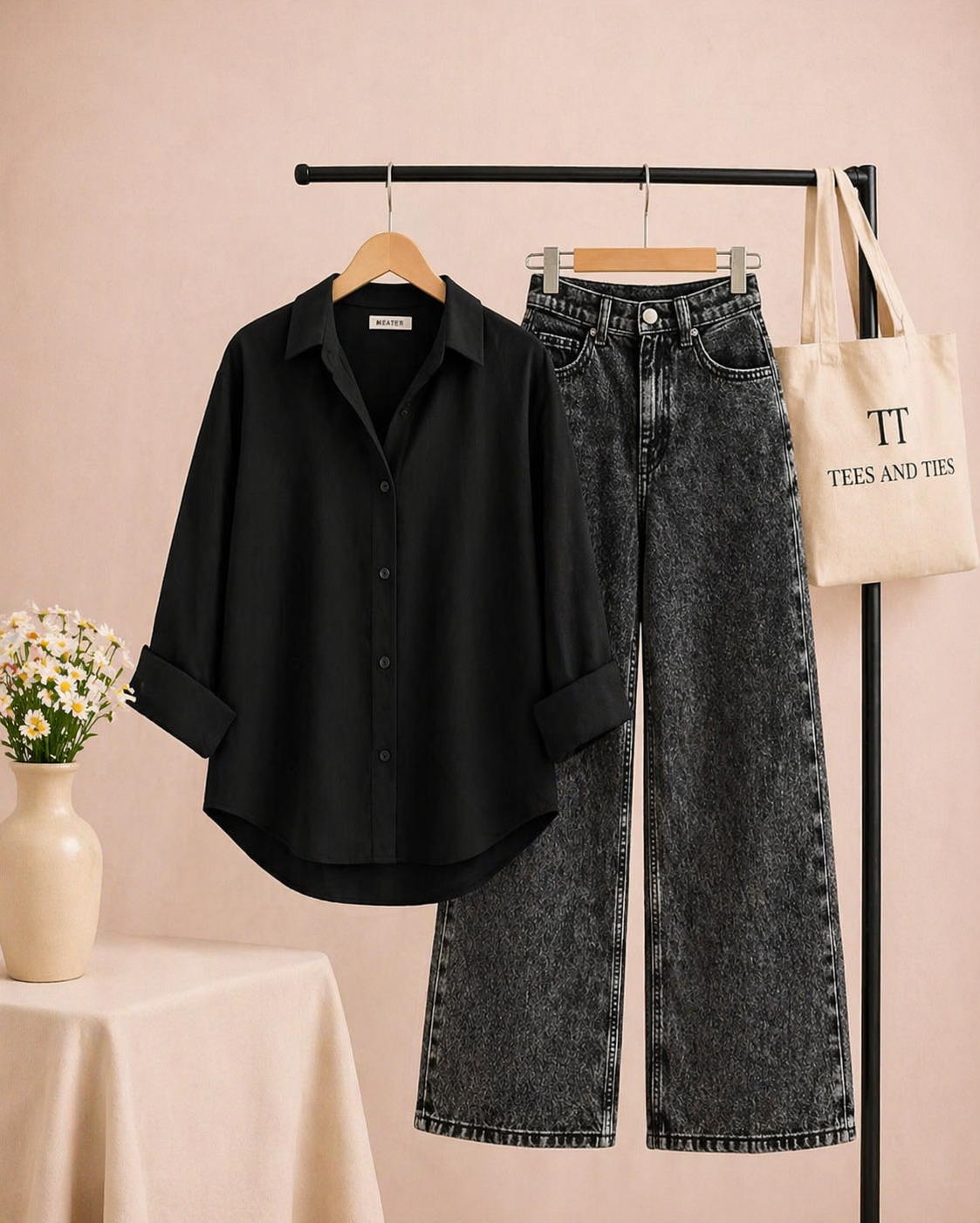 Black button-down shirt and charcoal wide-leg jeans on a rail