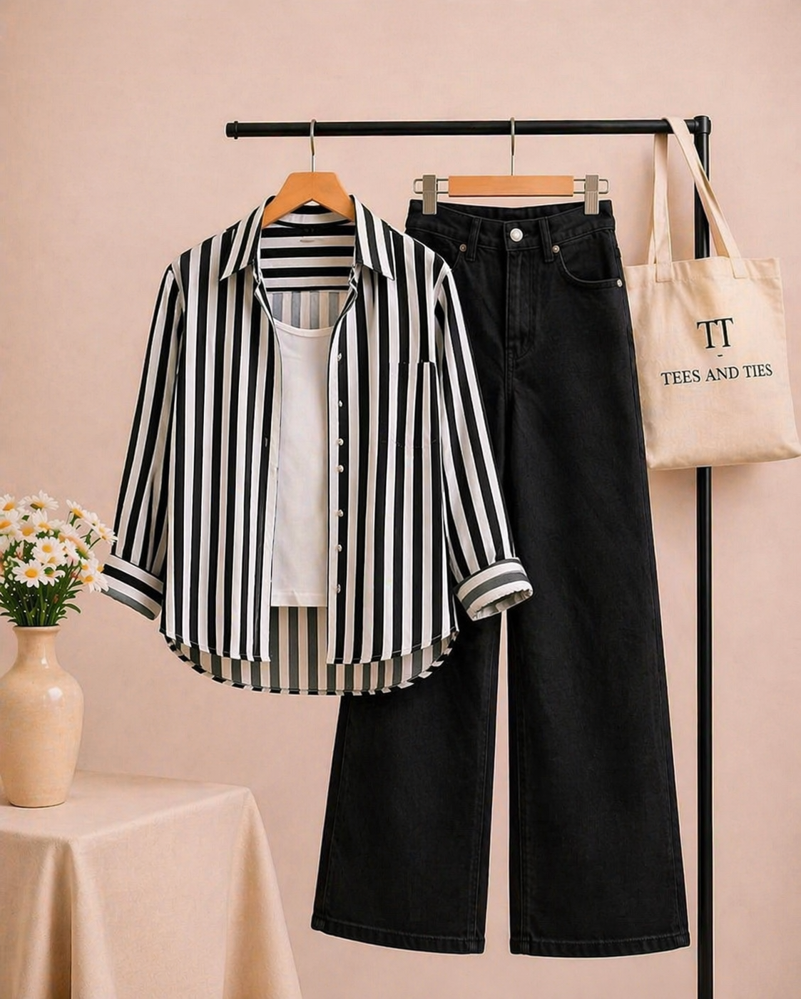 Black white stripes shirt with black wide leg jeans white camisole by TeesnTies, view 1 of 1