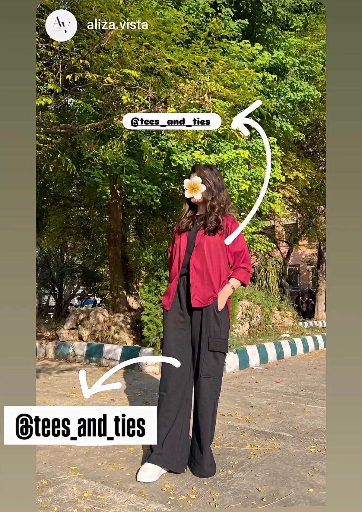 Customer in a red button down shirt with dark brown wide leg trousers