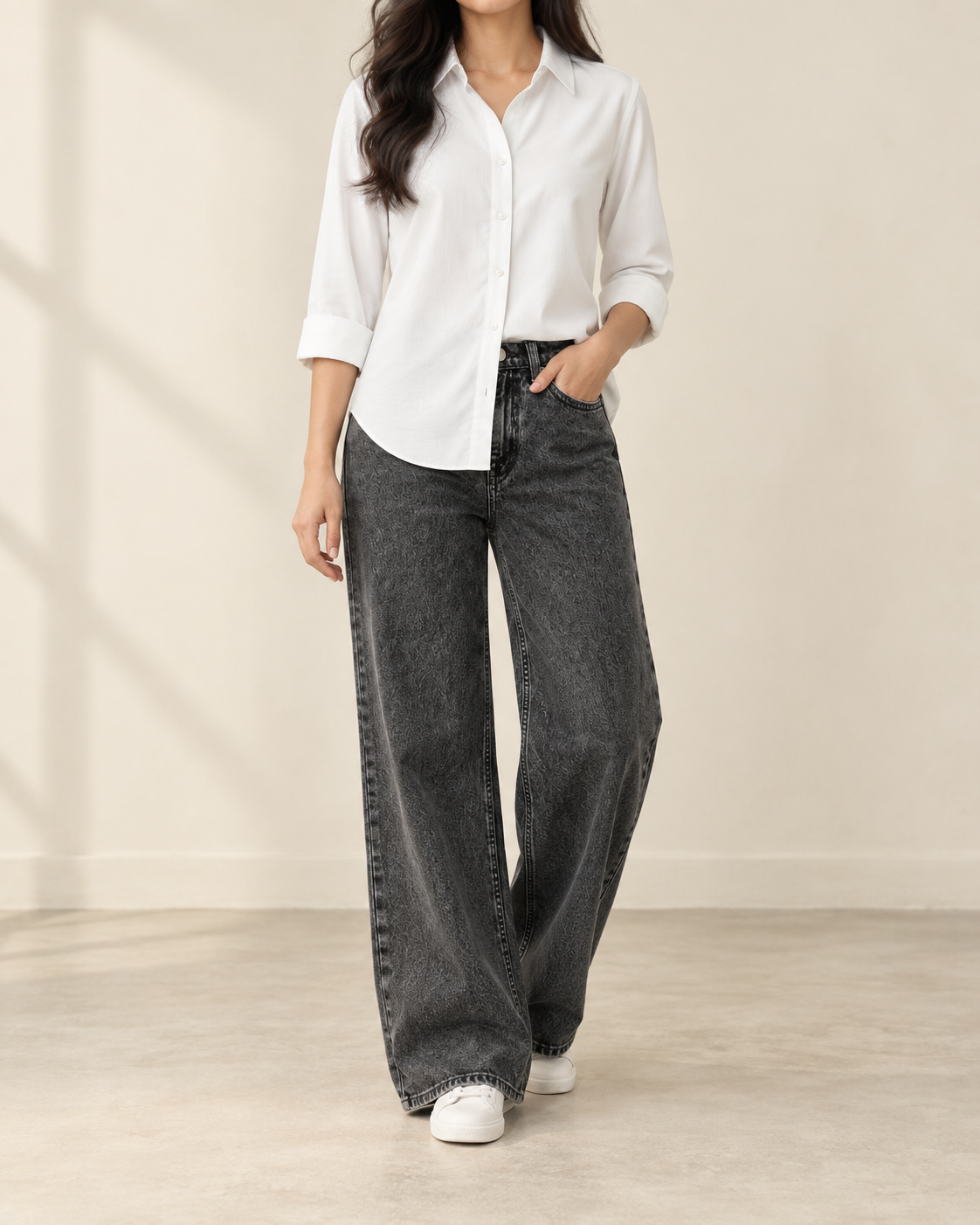 White button down with charcoal wide leg jeans by TeesnTies, view 1 of 3