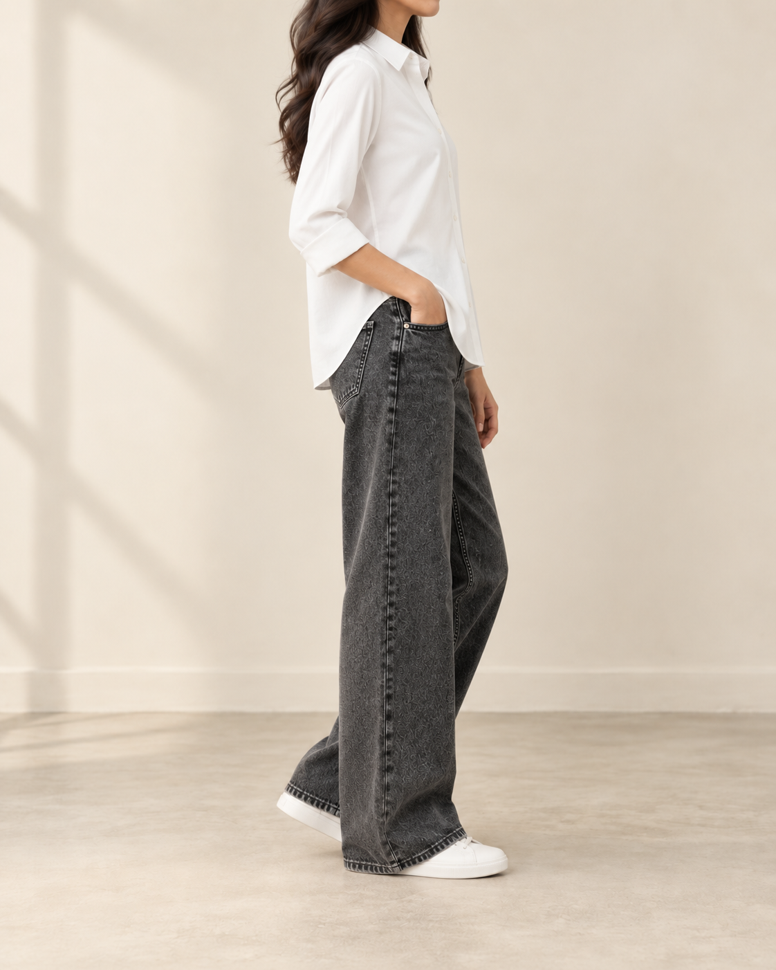 White button down with charcoal wide leg jeans by TeesnTies, view 2 of 3
