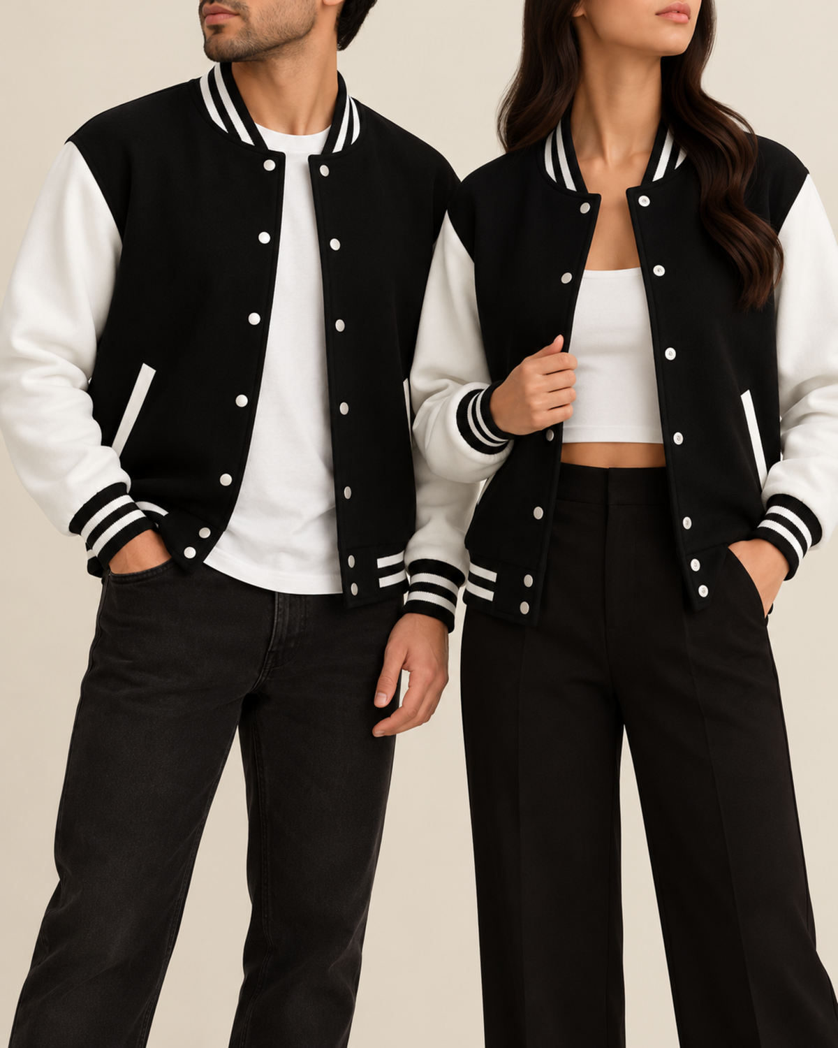 Black baseball jacket with white sleeves worn by a man and a woman, front view