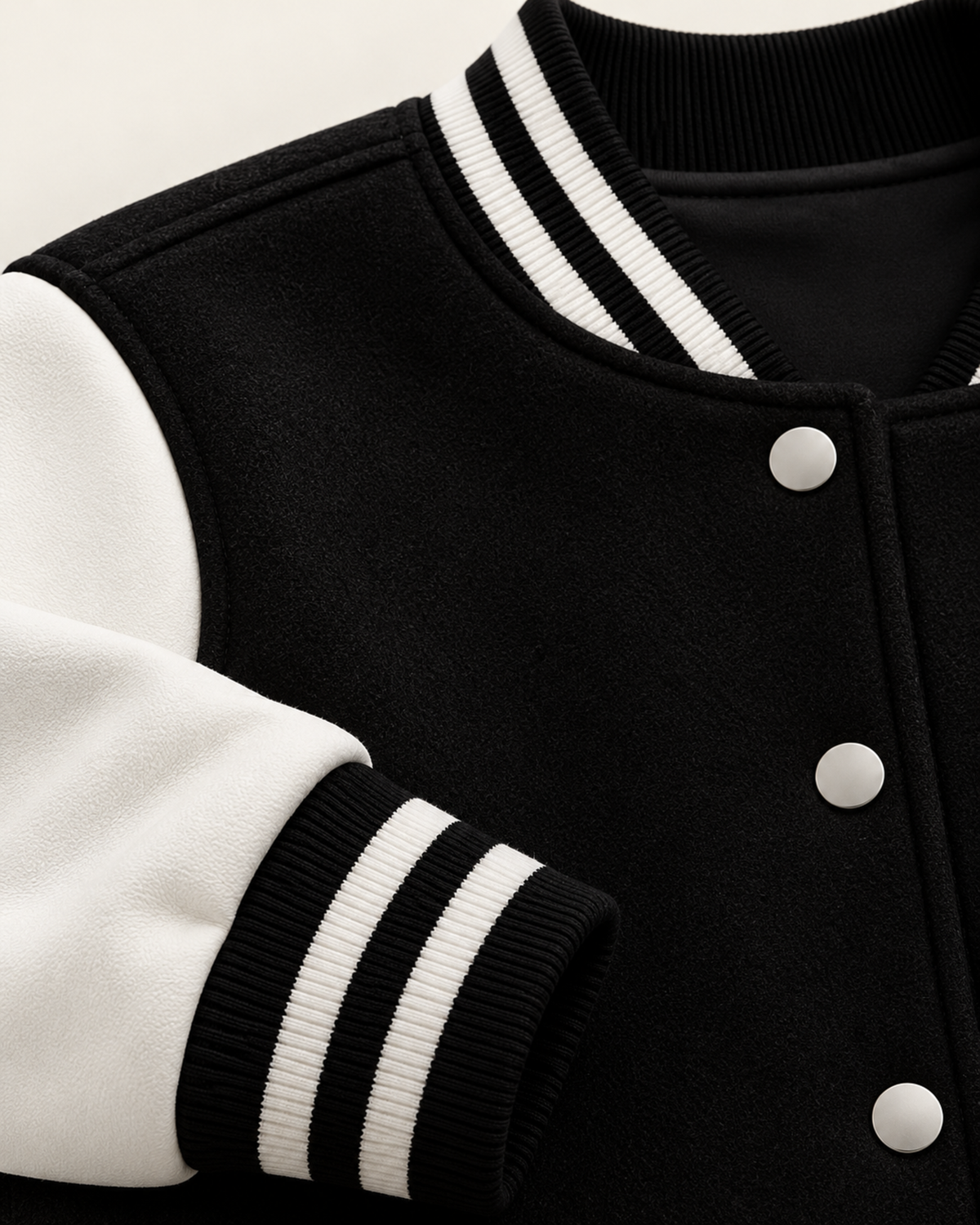 Close-up of black baseball jacket snap buttons and striped rib cuff