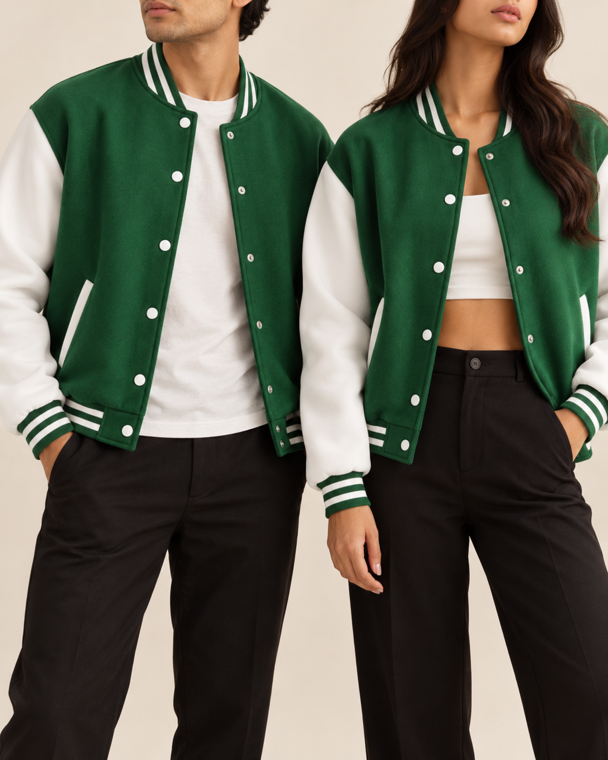 Green baseball jacket with white sleeves worn by a man and a woman, front view