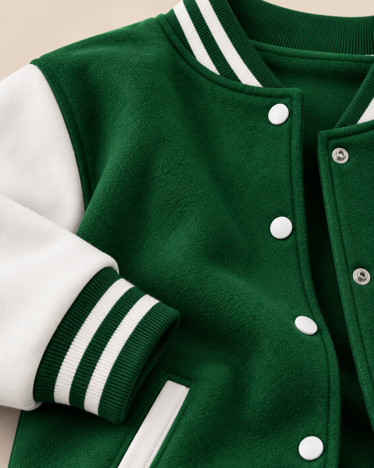 Close-up of green baseball jacket snap buttons and striped rib cuff
