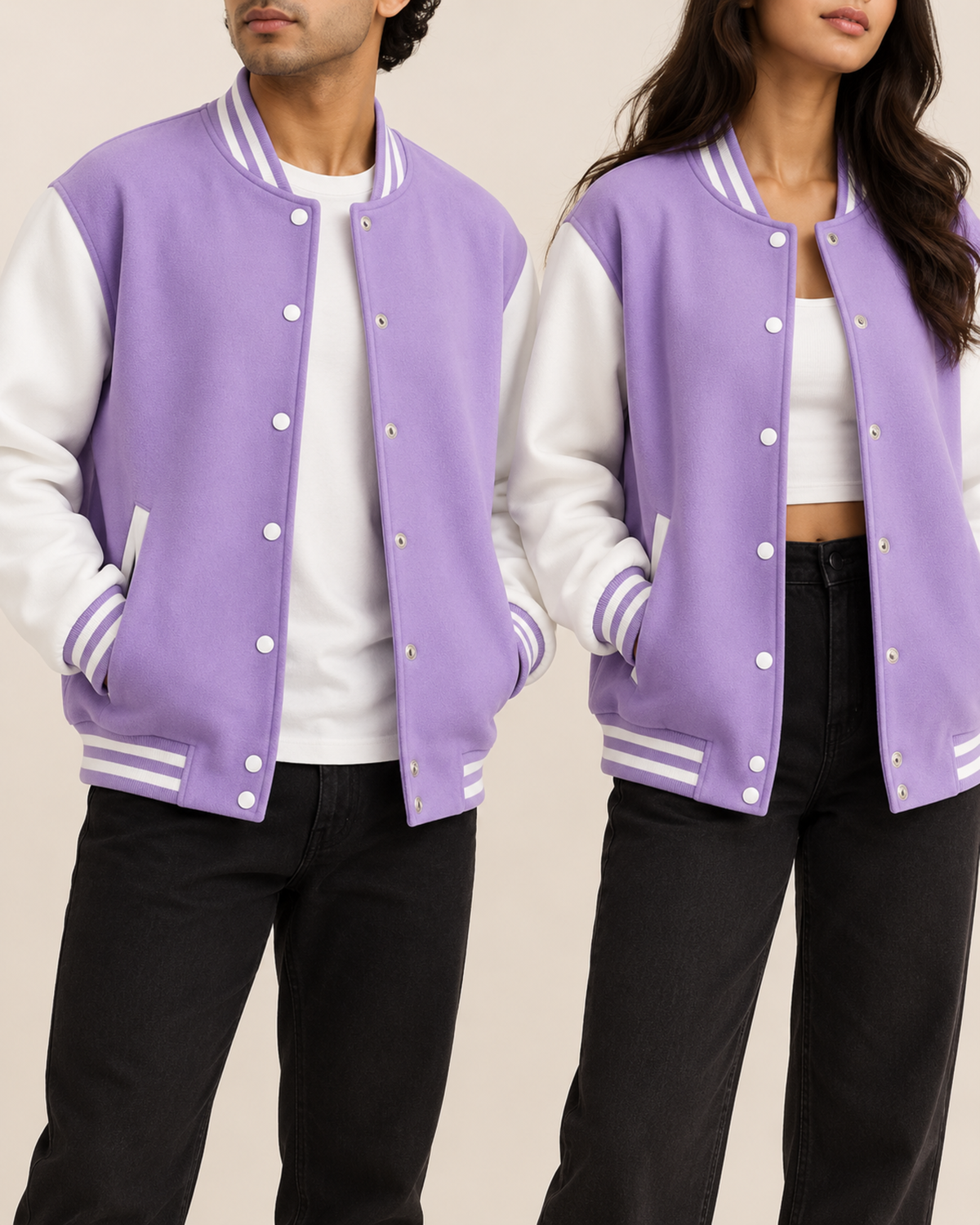 Lilac baseball jacket with white sleeves worn by a man and a woman, front view