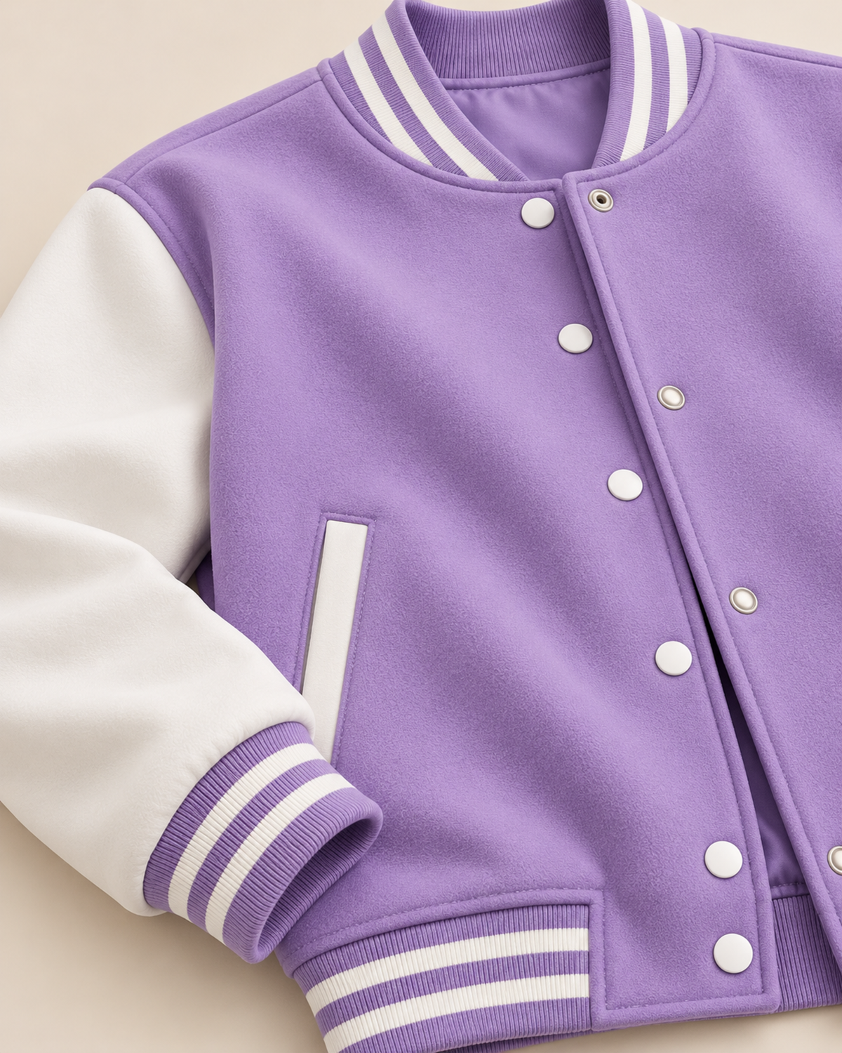 Close-up of lilac baseball jacket snap buttons and striped rib trim