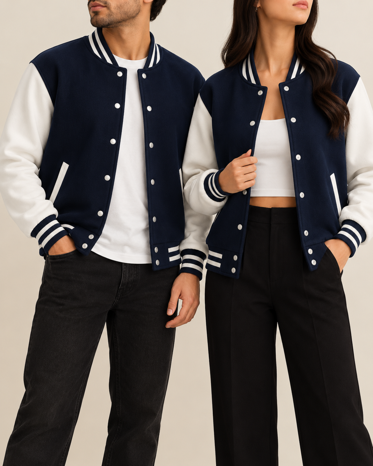 Navy baseball jacket with white sleeves worn by a man and a woman, front view