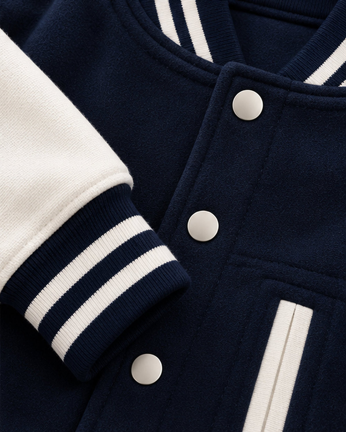 Close-up of navy baseball jacket snap buttons and striped rib cuff