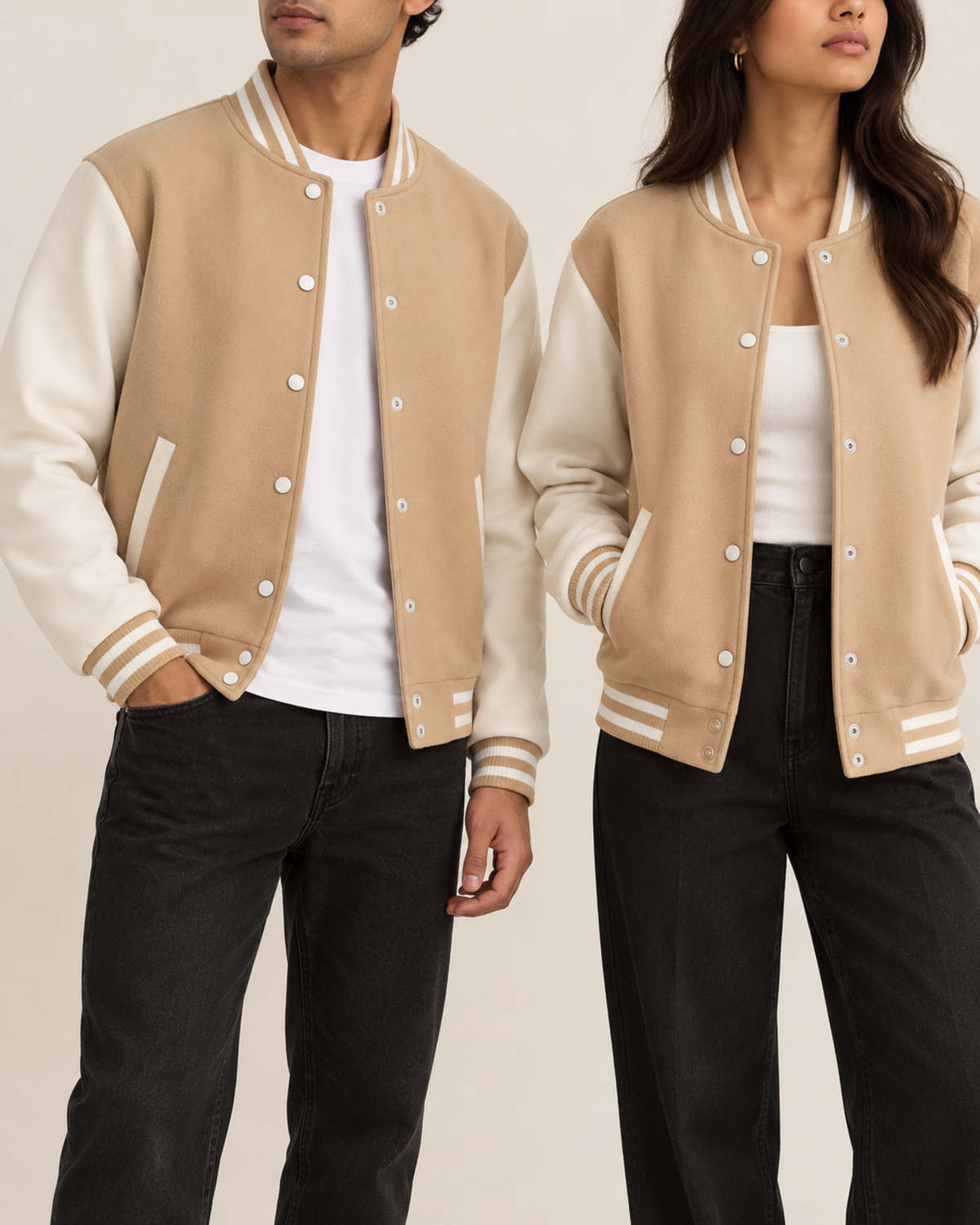 Beige (skin) baseball jacket with white sleeves worn by a man and a woman, front view