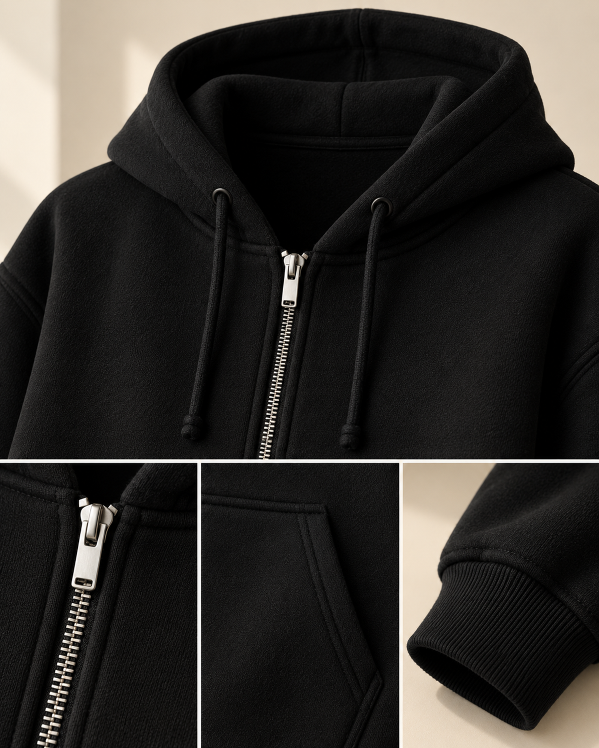 Black oversized zip-up hoodie with a drawstring hood, by TeesnTies, view 4 of 4