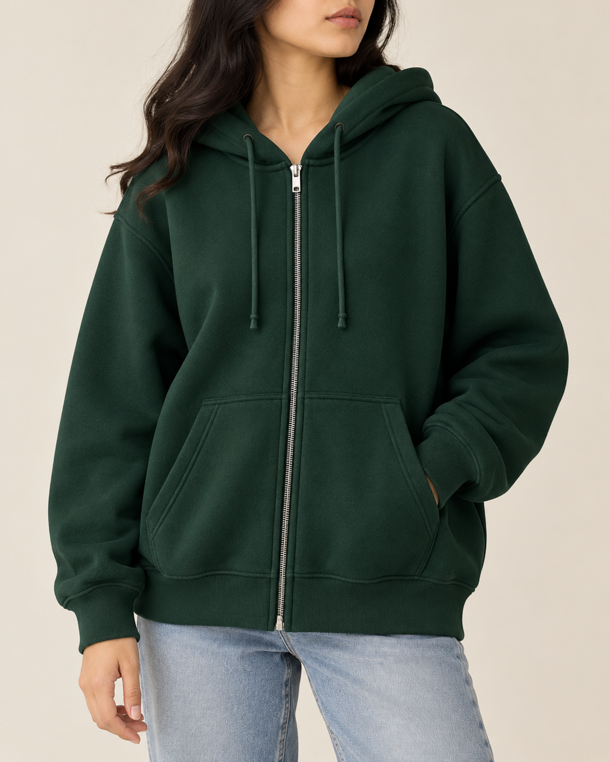 Green oversized zip-up hoodie with a drawstring hood, by TeesnTies, view 1 of 4