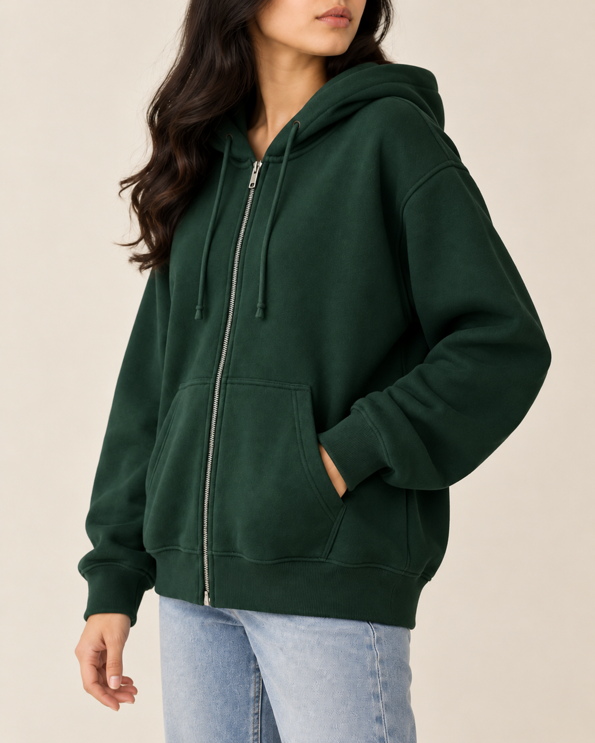 Green oversized zip-up hoodie with a drawstring hood, by TeesnTies, view 2 of 4