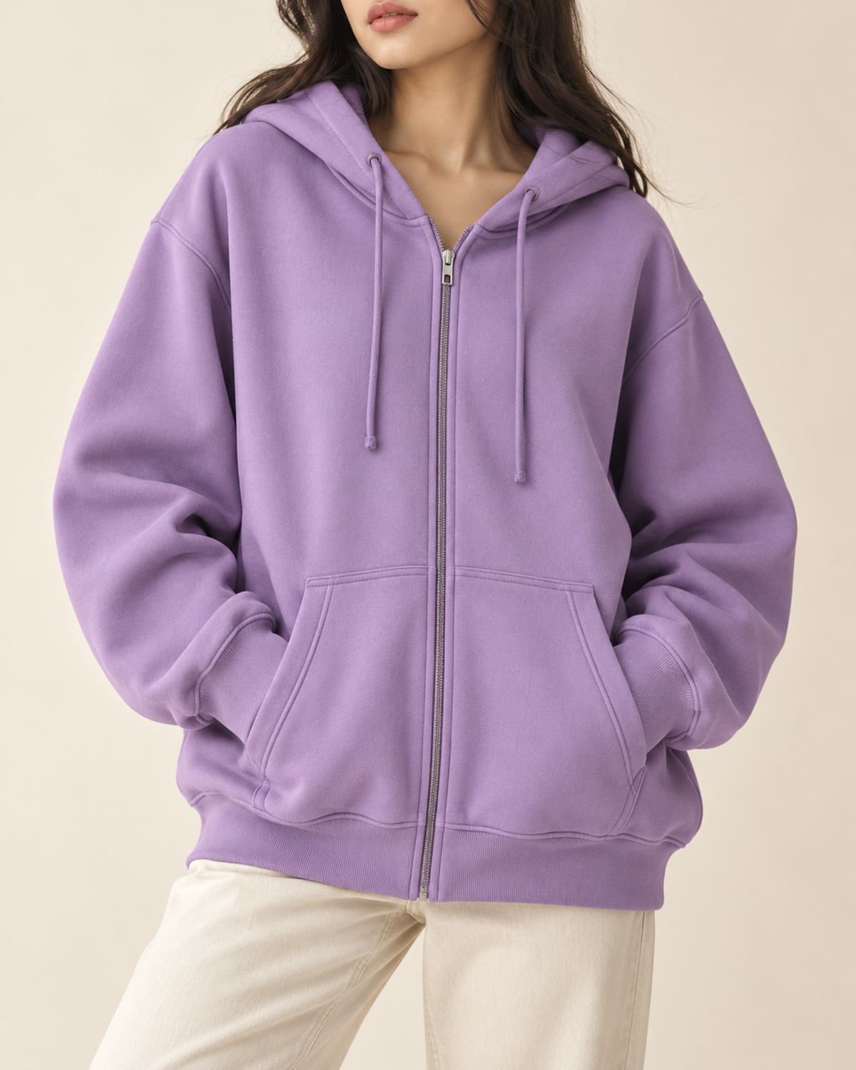 Lilac oversized zip-up hoodie with a drawstring hood, by TeesnTies, view 1 of 4