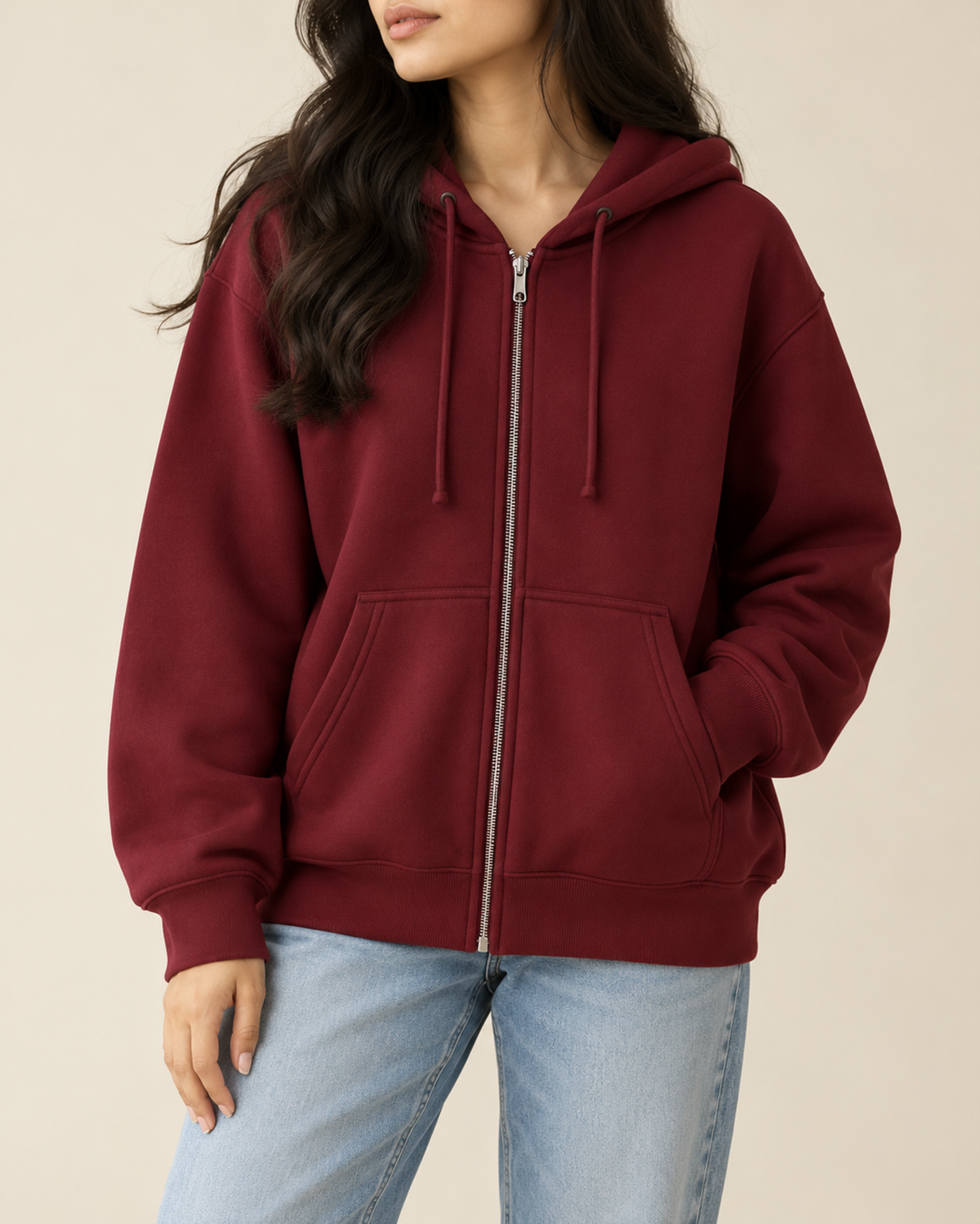 Maroon oversized zip-up hoodie with a drawstring hood, by TeesnTies, view 1 of 4