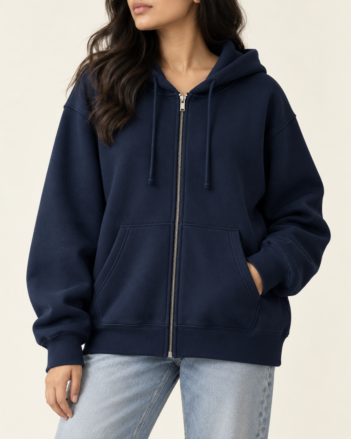 Navy oversized zip-up hoodie with a drawstring hood, by TeesnTies, view 1 of 4