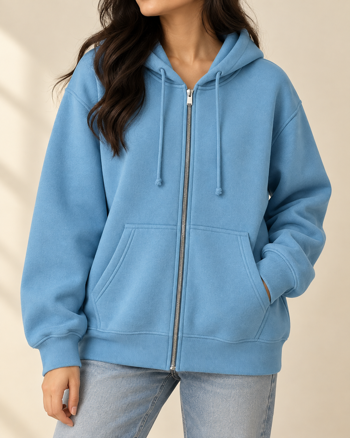 Sky oversized zip-up hoodie with a drawstring hood, by TeesnTies, view 1 of 4