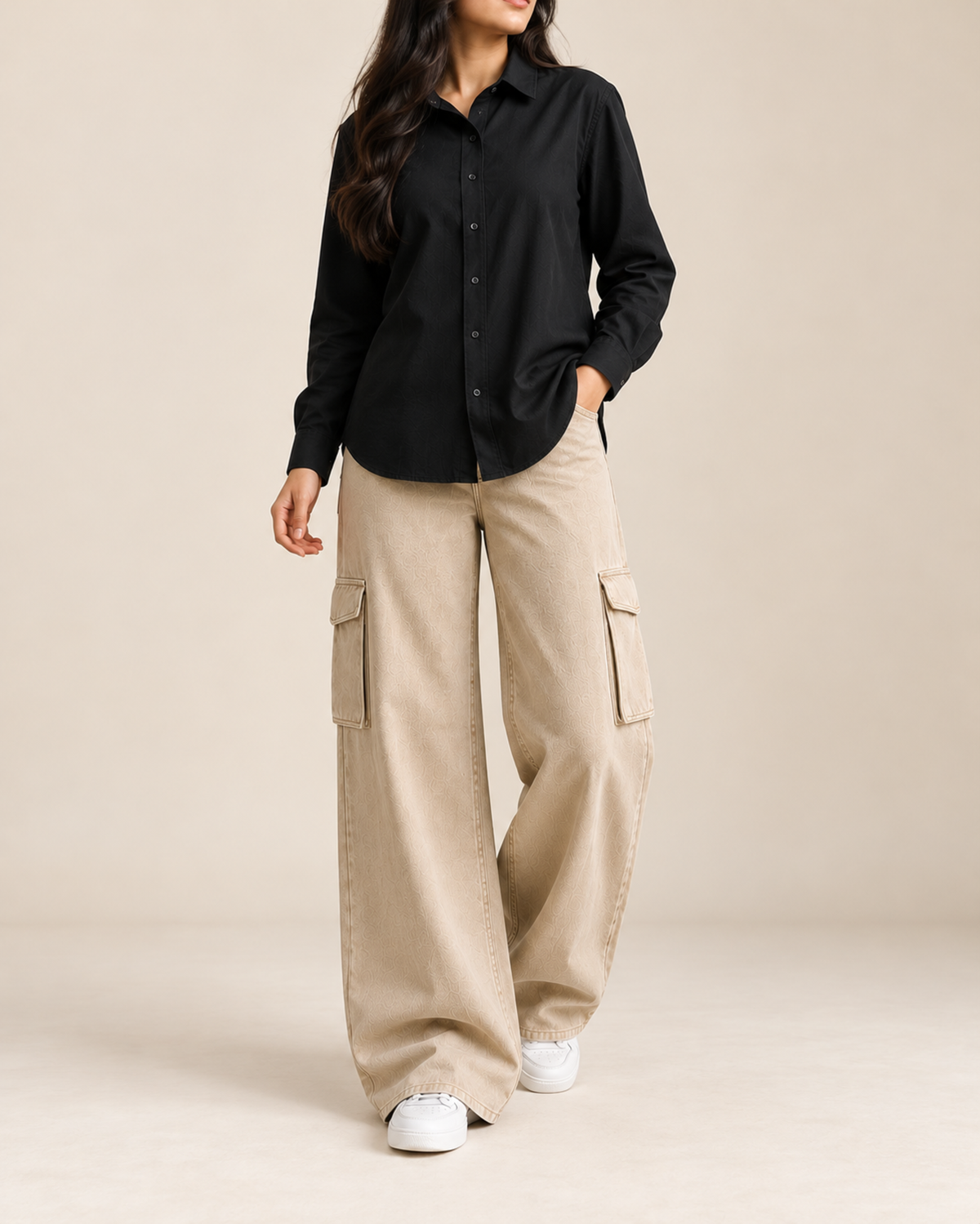 Black button-down shirt with beige wide-leg cargo jeans, front view