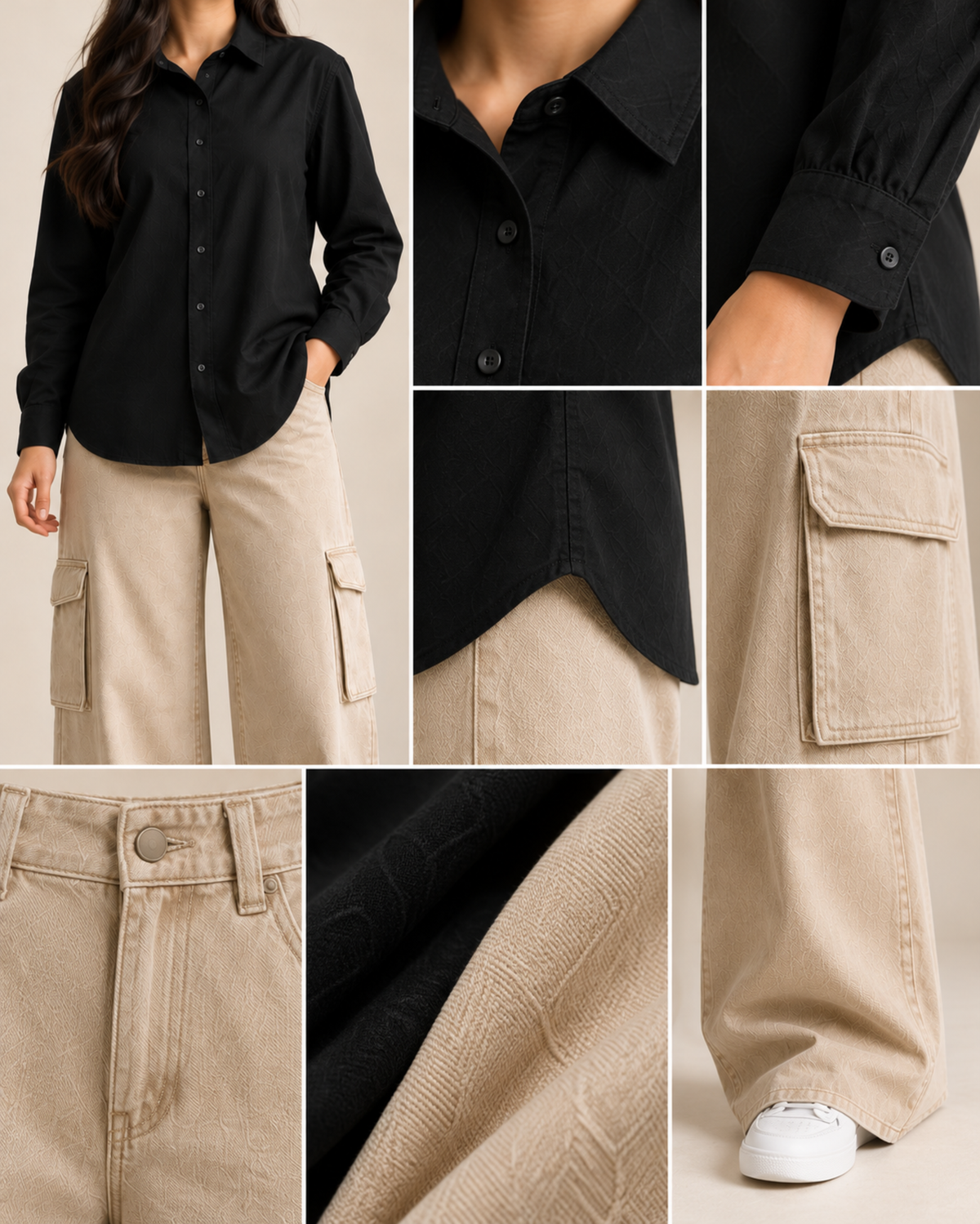 Detail collage of black button-down shirt collar, cuff and hem with beige cargo jeans pocket