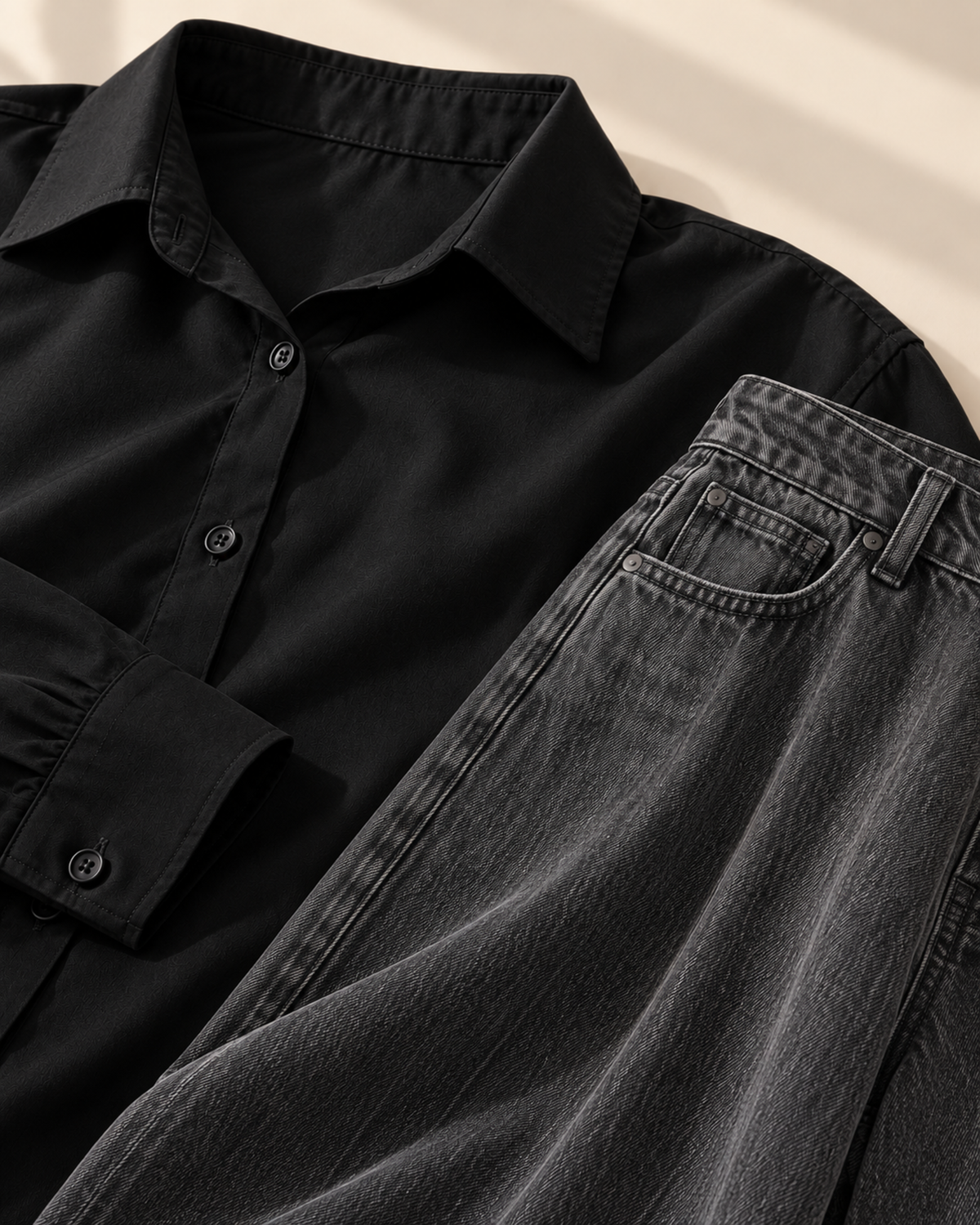 Close-up of black button-down shirt collar and buttons with charcoal denim