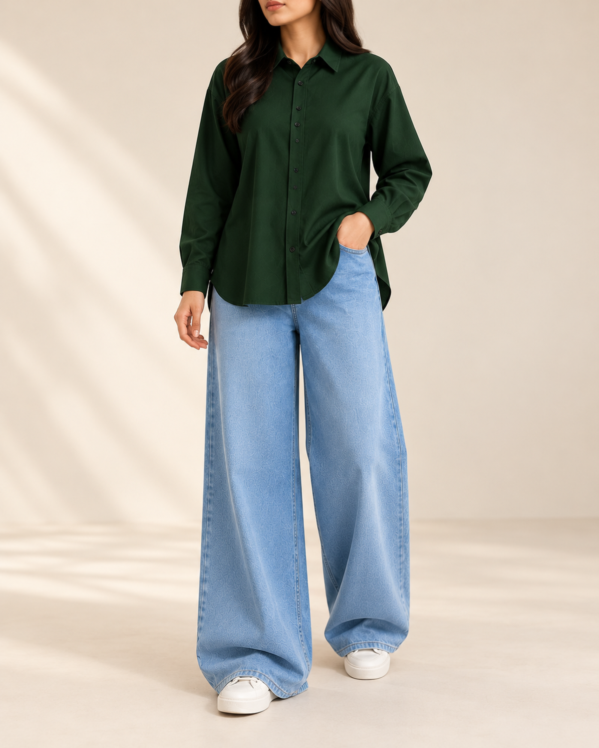 Bottle green button-down shirt with sky blue wide-leg jeans, front view