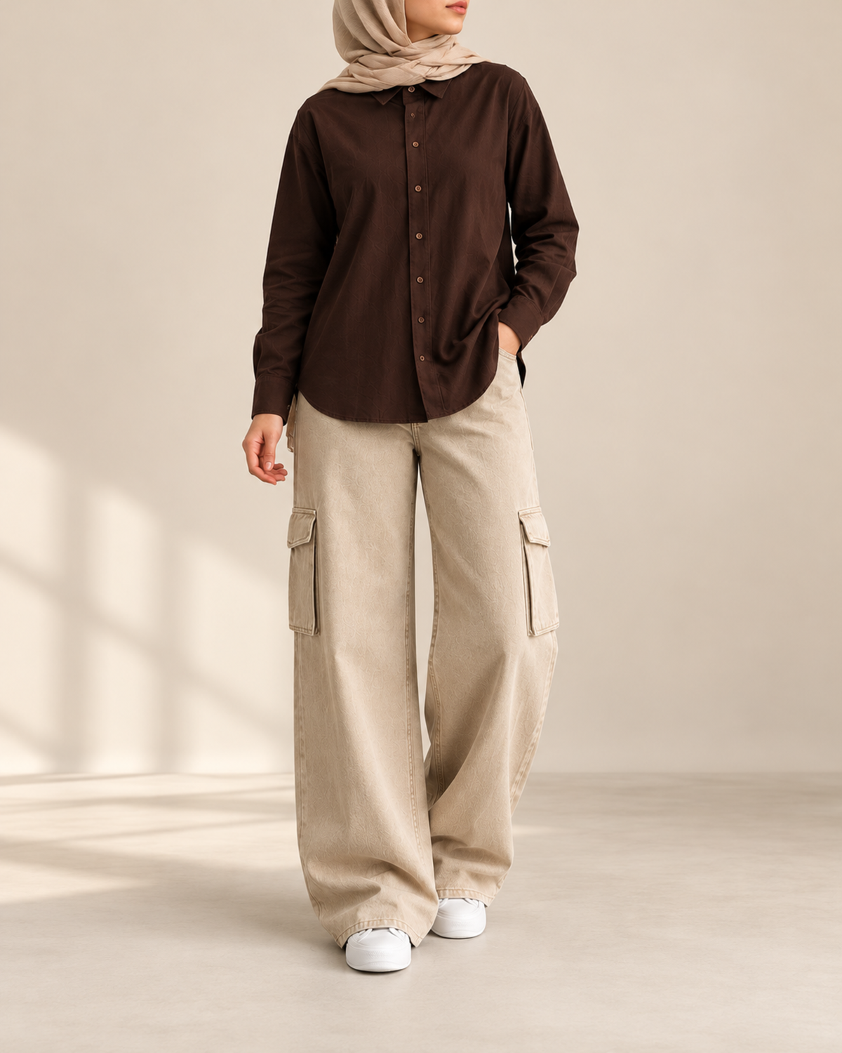 Brown button-down shirt with beige wide-leg cargo jeans, front view