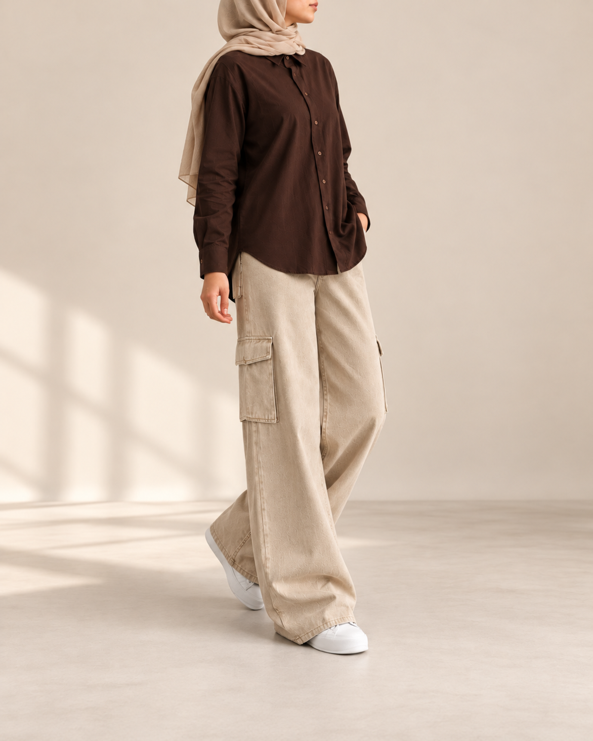 Brown button-down shirt and beige cargo jeans, side view