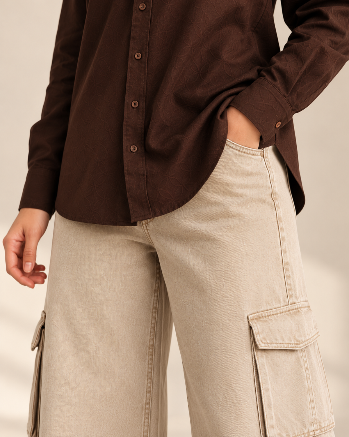 Close-up of brown button-down shirt hem and beige cargo jeans side pocket