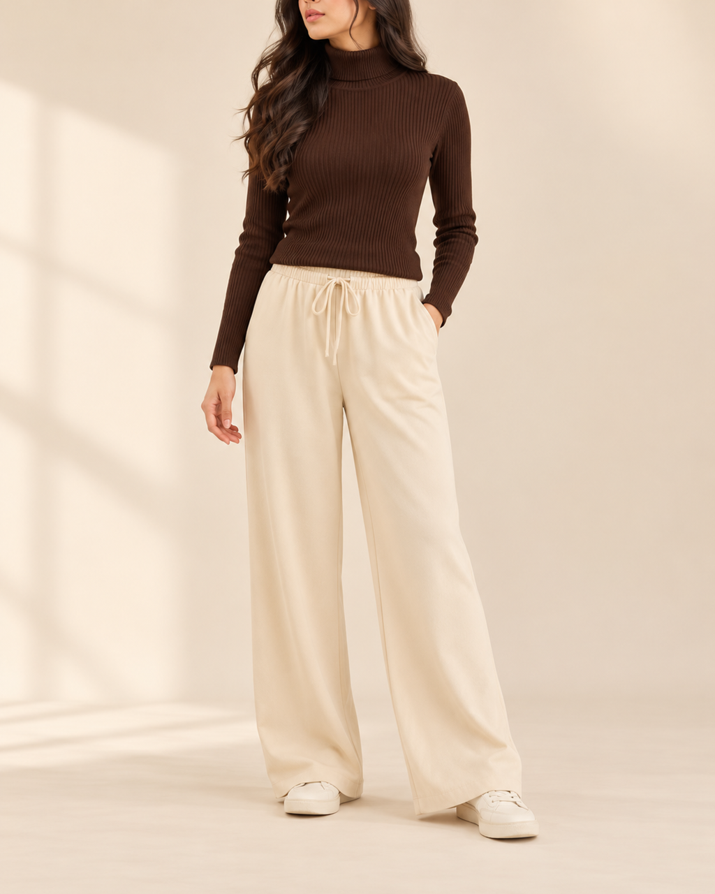 Brown ribbed high-neck top with beige wide-leg flapper trousers, front view
