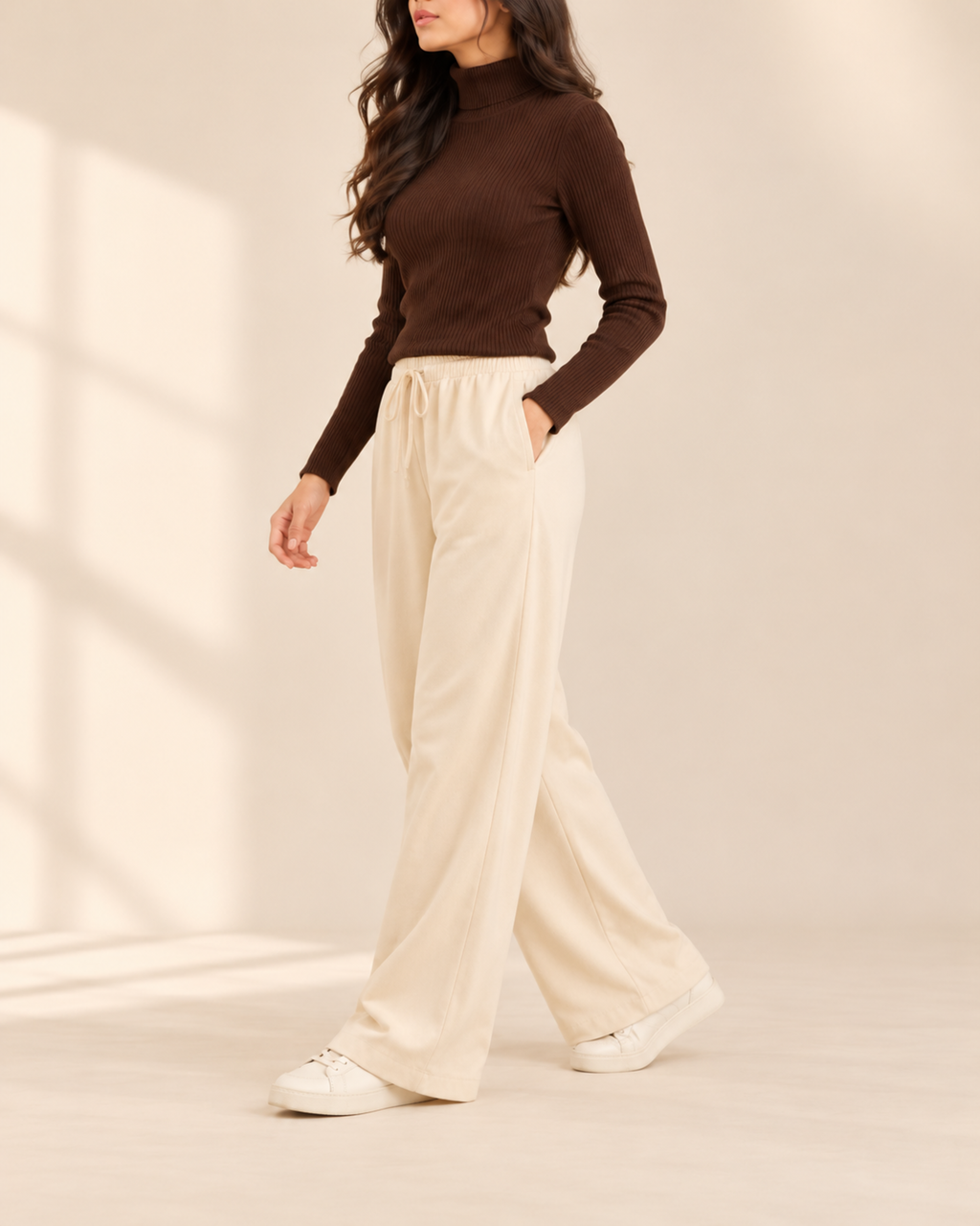 Brown ribbed high-neck top and beige flapper trousers, side view