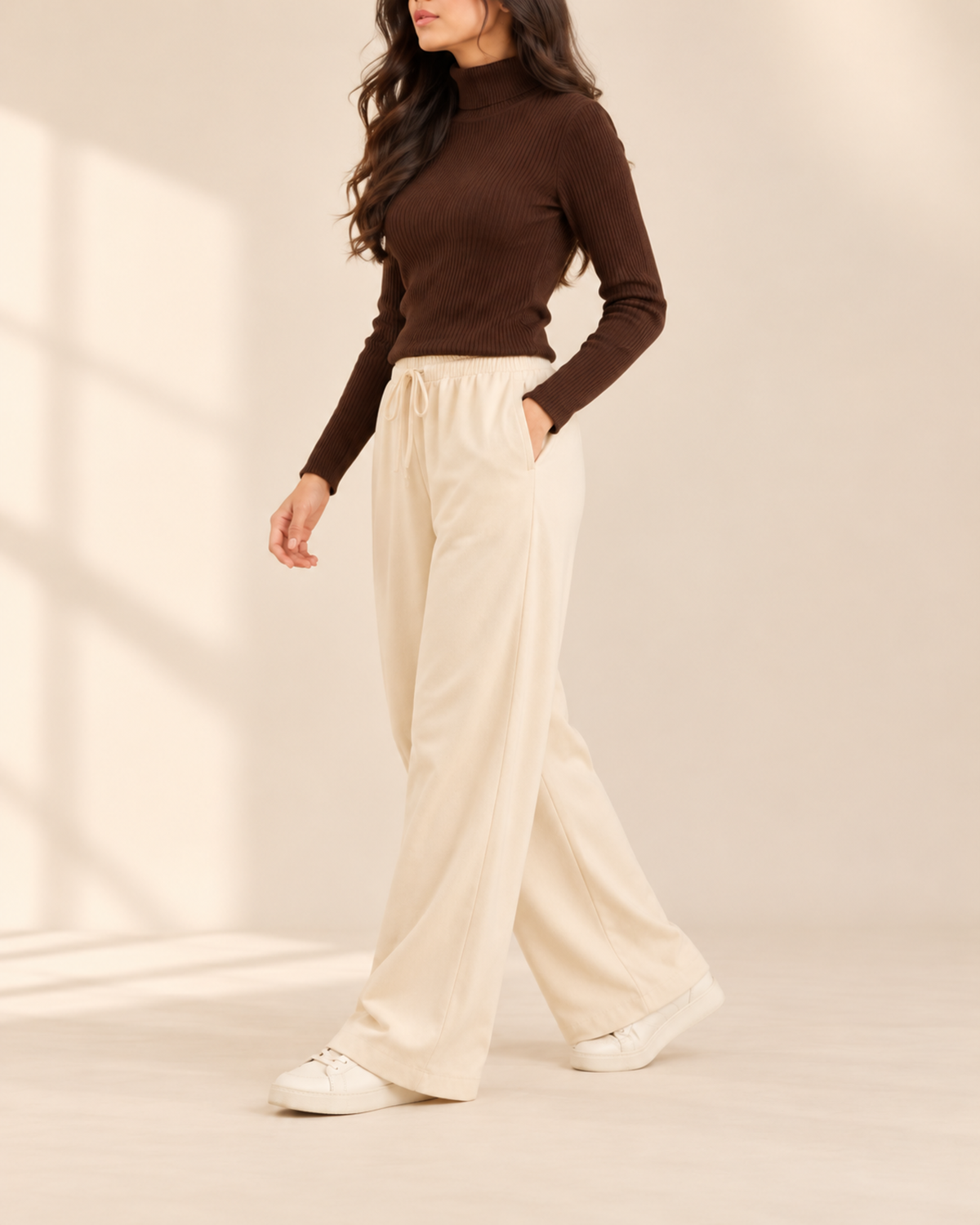 Brown ribbed high-neck top and beige flapper trousers, side view