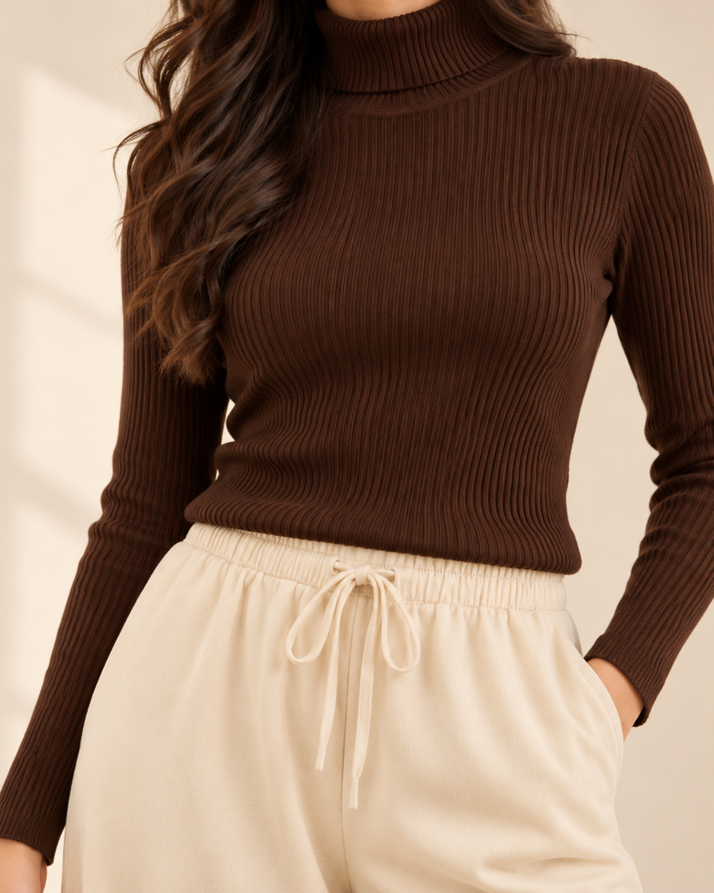 Close-up of brown ribbed high-neck top and beige drawstring waistband