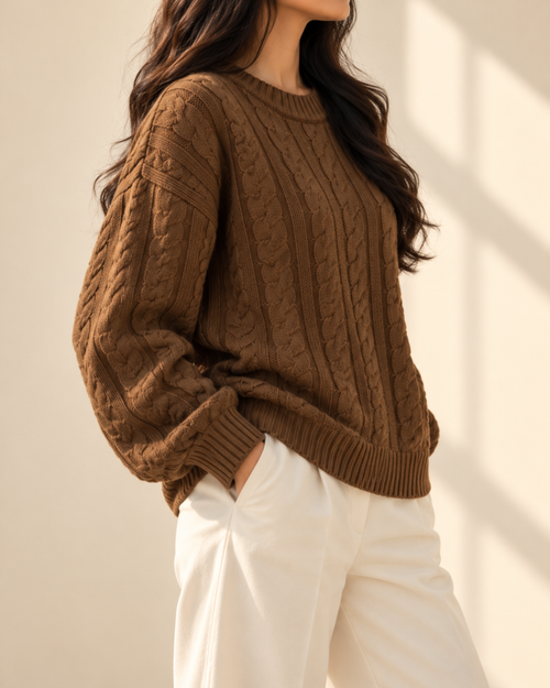 Woman wearing the brown Aspen cable knit pullover, view 2 of 4