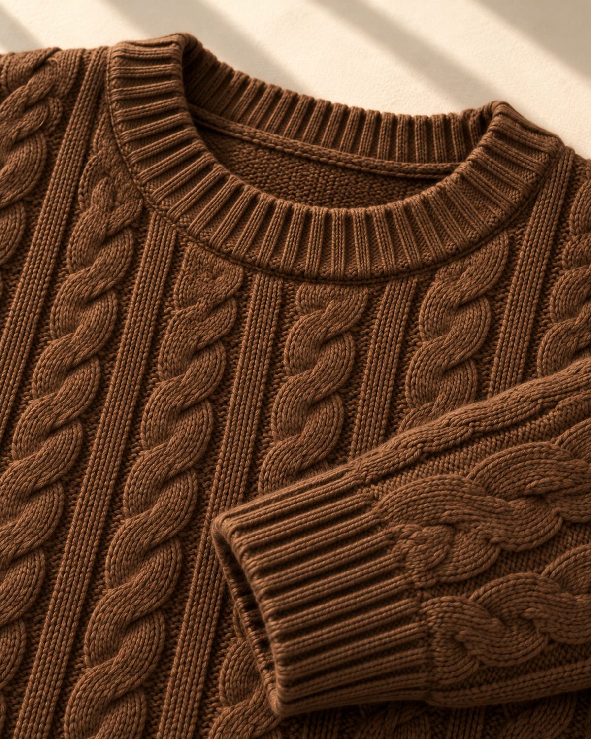 Woman wearing the brown Aspen cable knit pullover, view 4 of 4