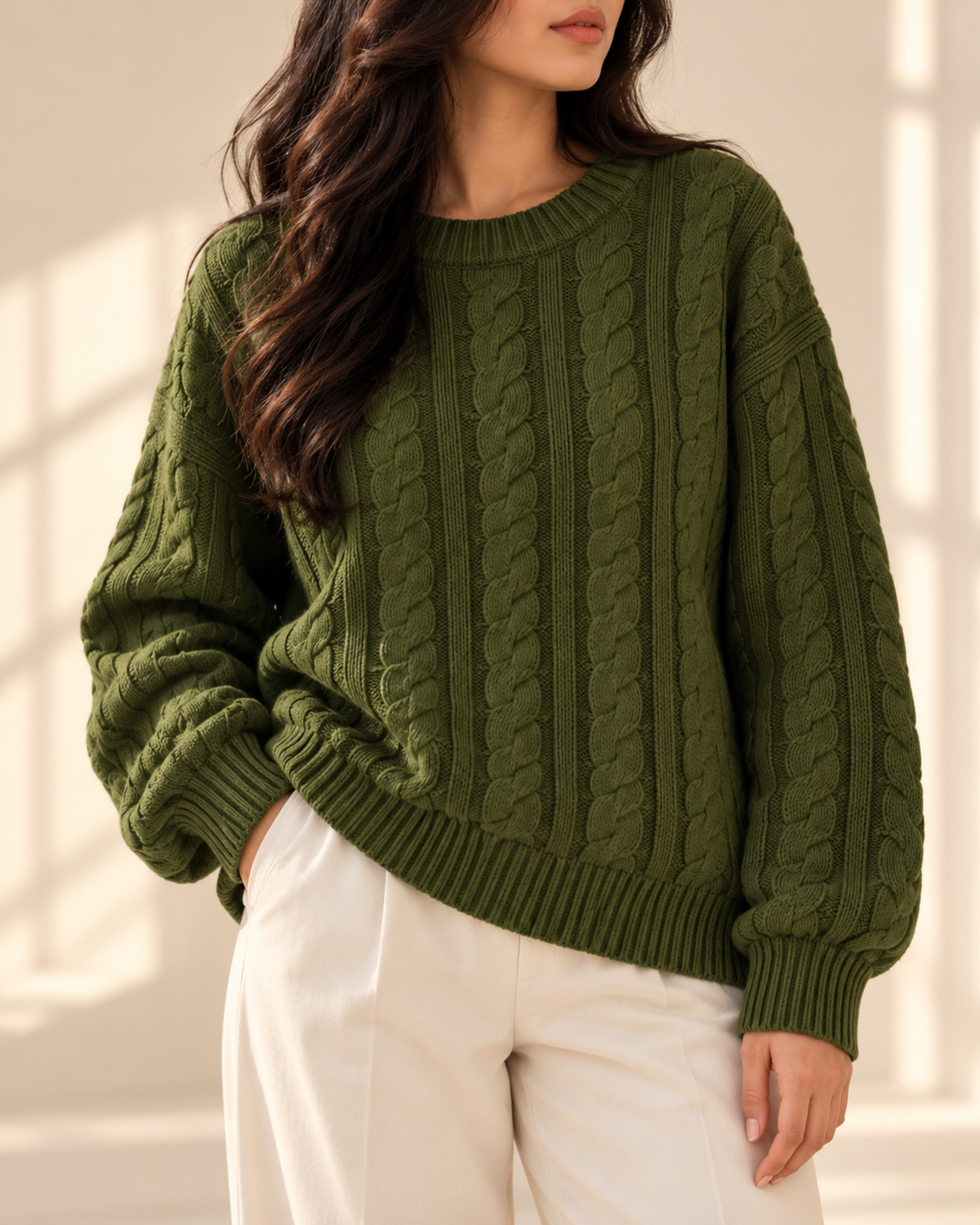 Woman wearing the olive green Aspen cable knit pullover, view 1 of 4