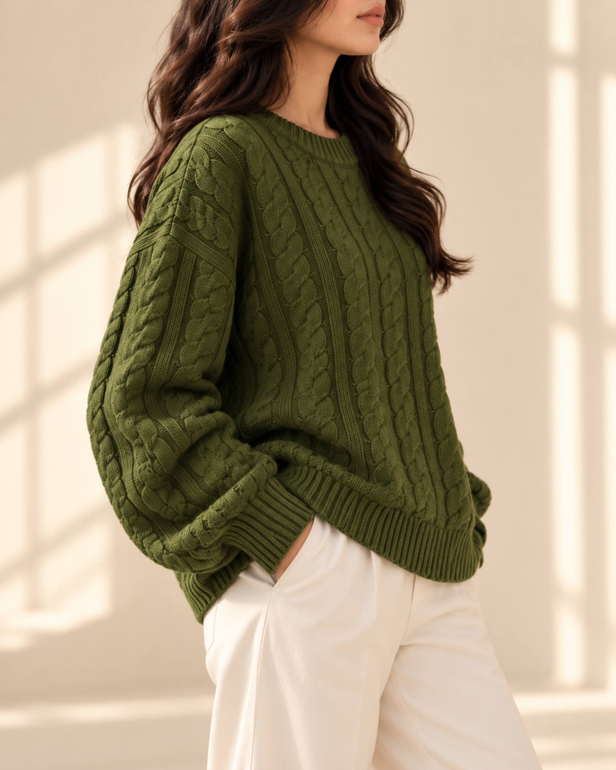 Woman wearing the olive green Aspen cable knit pullover, view 2 of 4